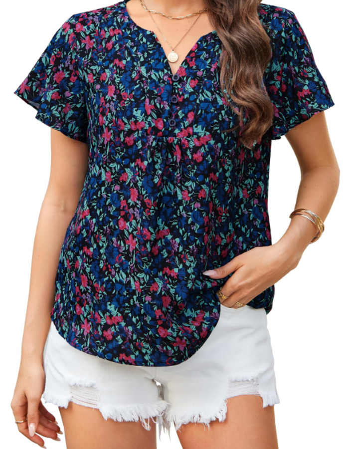 Renza Bluză Damă – Decolteu în V, Imprimeu Floral Boho & Top Casual cu Volane