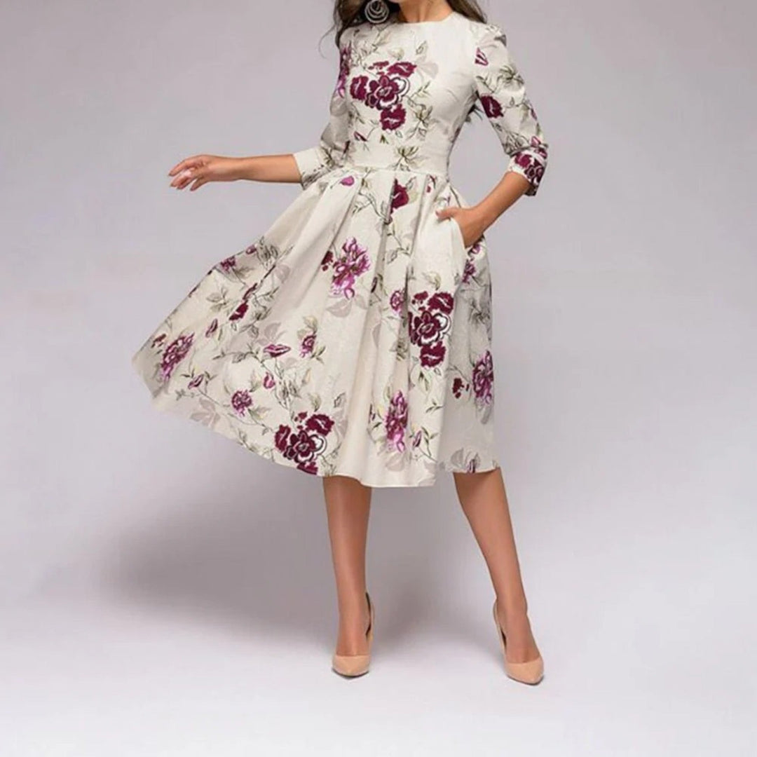 Floral Dress with Round Neck for Women | Midi