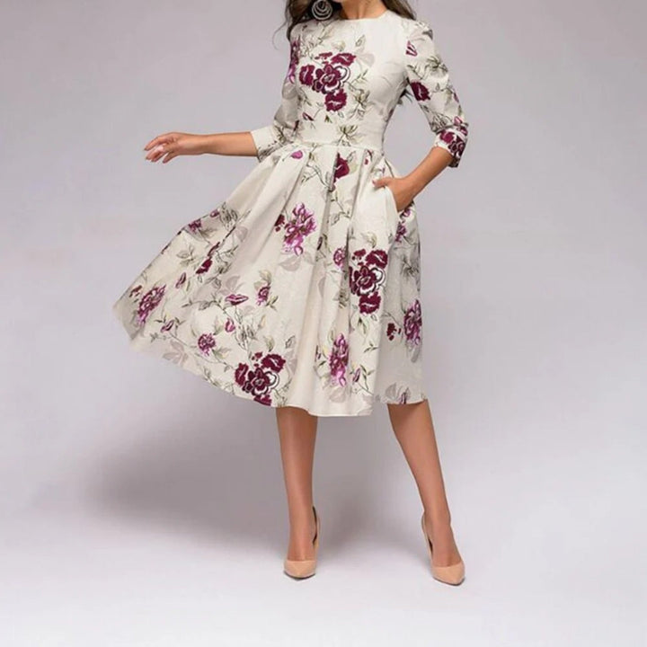 Floral Dress with Round Neck for Women | Midi