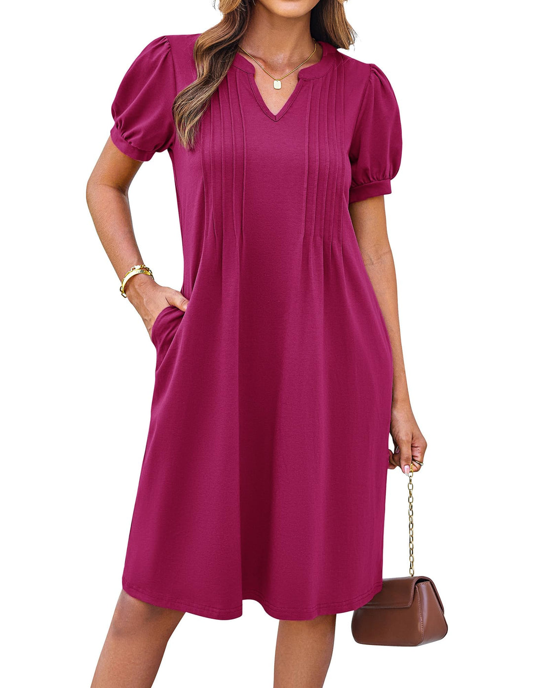 Giada Vestito Midi Donna – Scollo Henley a V, Maniche Corte & A-Line con Tasche