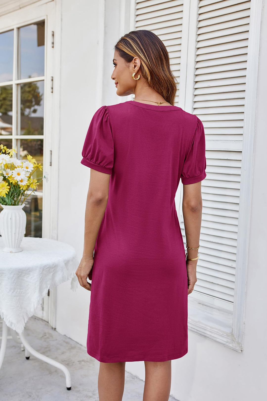 Giada Vestito Midi Donna – Scollo Henley a V, Maniche Corte & A-Line con Tasche