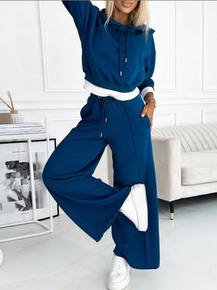 Set top și pantaloni cu picior larg pentru femei | Cu glugă