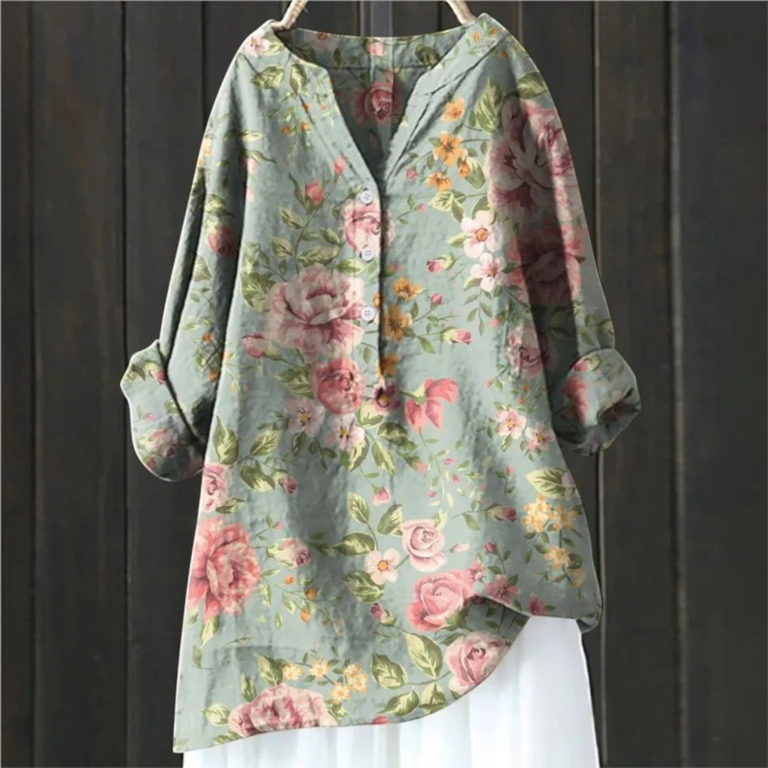 Coralie | Bluza Florală cu Decolteu în V pentru Femei | Mâneci Lungi