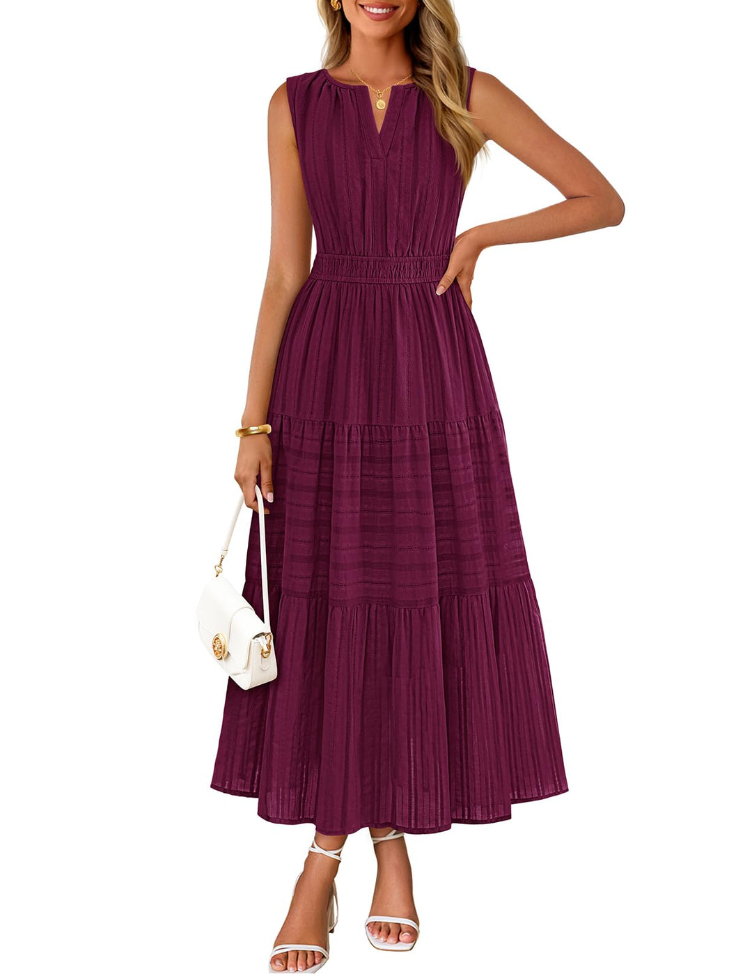 Rochie maxi Camille pentru femei – bumbac jacquard, decolteu în V și croială A-line boho cu buzunare