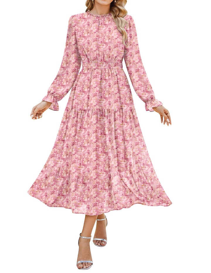 Briseis Damen Maxikleid – Floraler Chiffon, Lange Ärmel & Elegante A-Linie