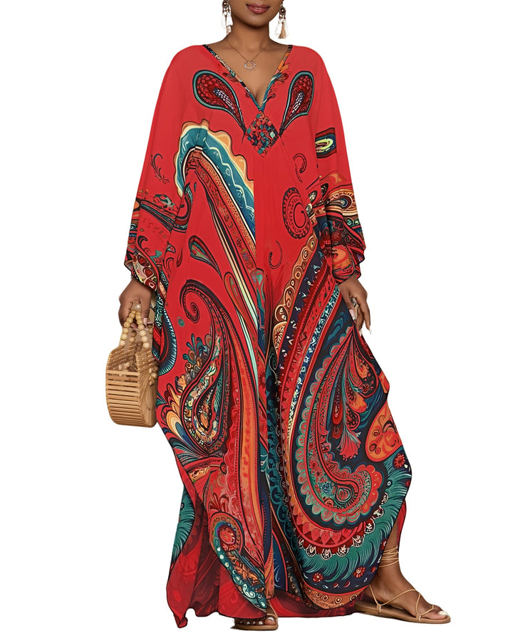 Leila Kaftano Donna Curvy – Stampa Etnica, Scollo a V & Maniche Kimono con Tasche