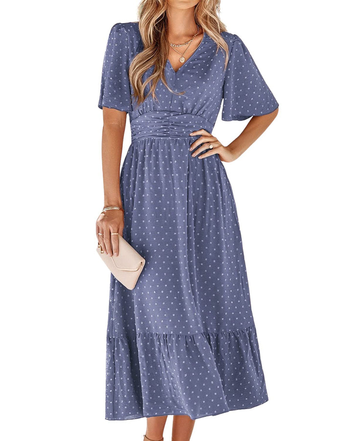Salem Rochie Maxi Damă Boho – Decolteu în V, Mâneci Scurte și Talie Înaltă cu Volane