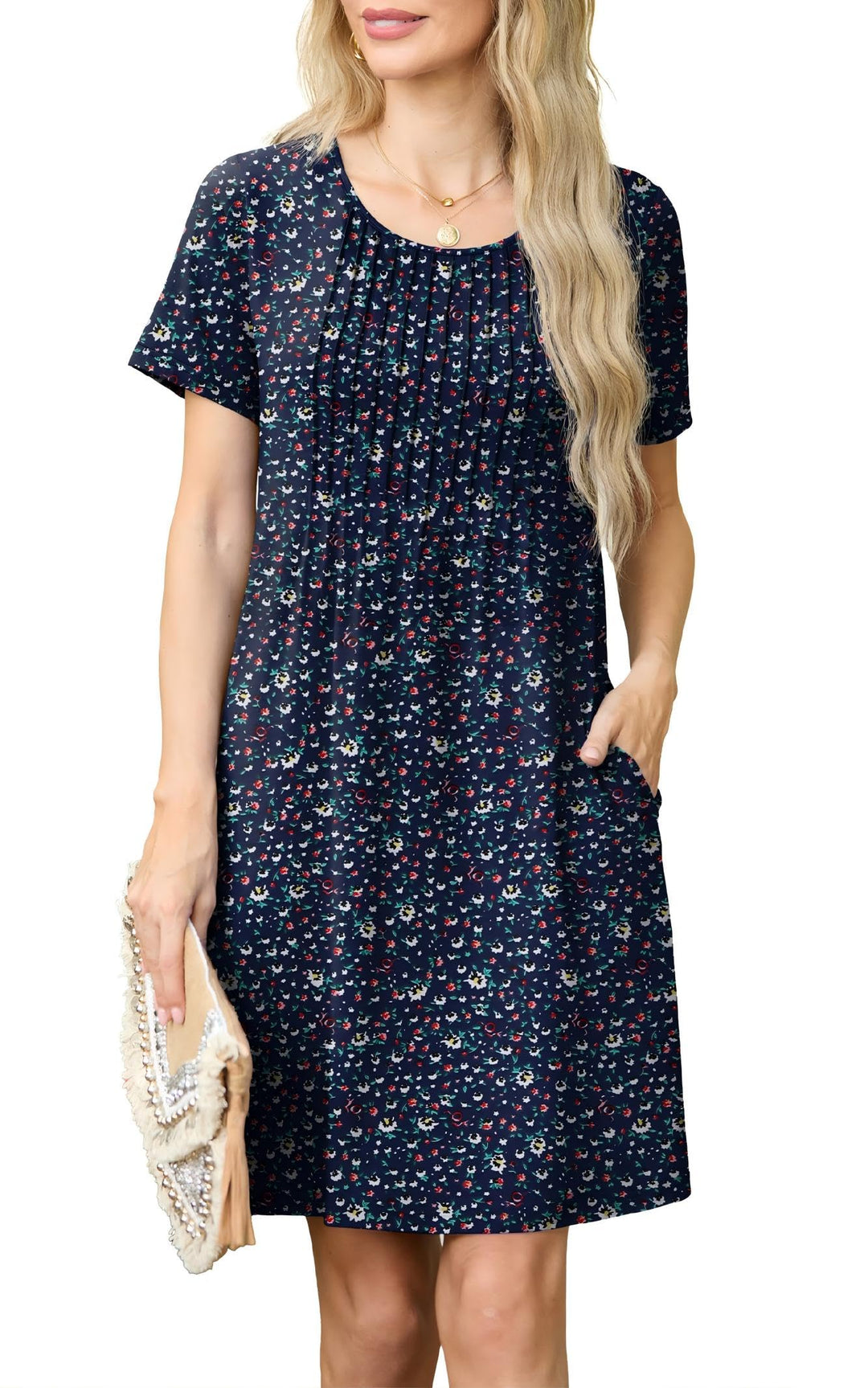 Chiara Sukienka Mini Damska – Okrągły Dekolt, Plisowana i Kieszenie Casual Elegancka Letnia