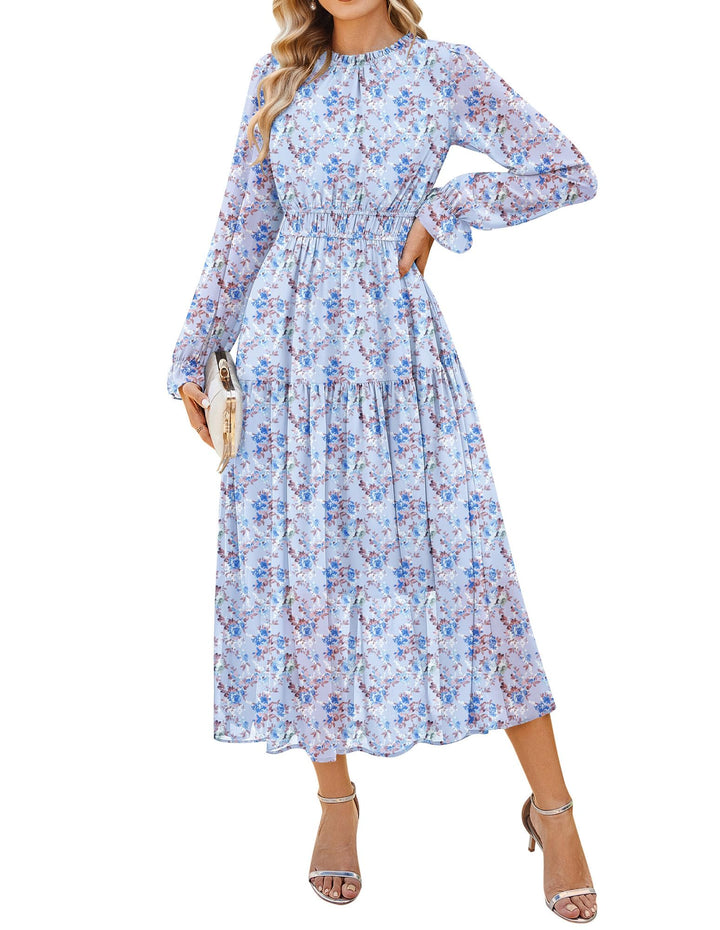 Briseis Damen Maxikleid – Floraler Chiffon, Lange Ärmel & Elegante A-Linie