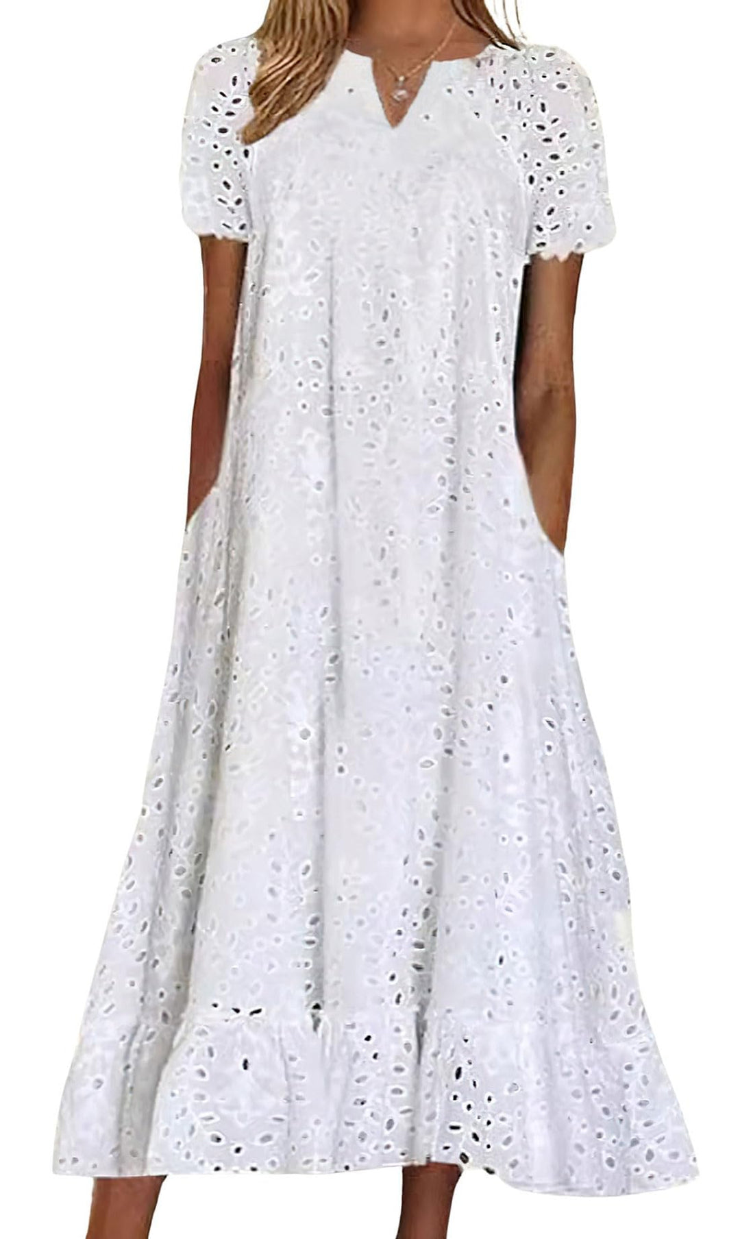 Bianca Vestito Midi Donna – Pizzo Sangallo Floreale, Scollo a V & A-Line con Tasche