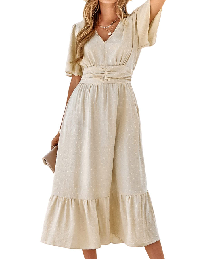 Salem Rochie Maxi Damă Boho – Decolteu în V, Mâneci Scurte și Talie Înaltă cu Volane