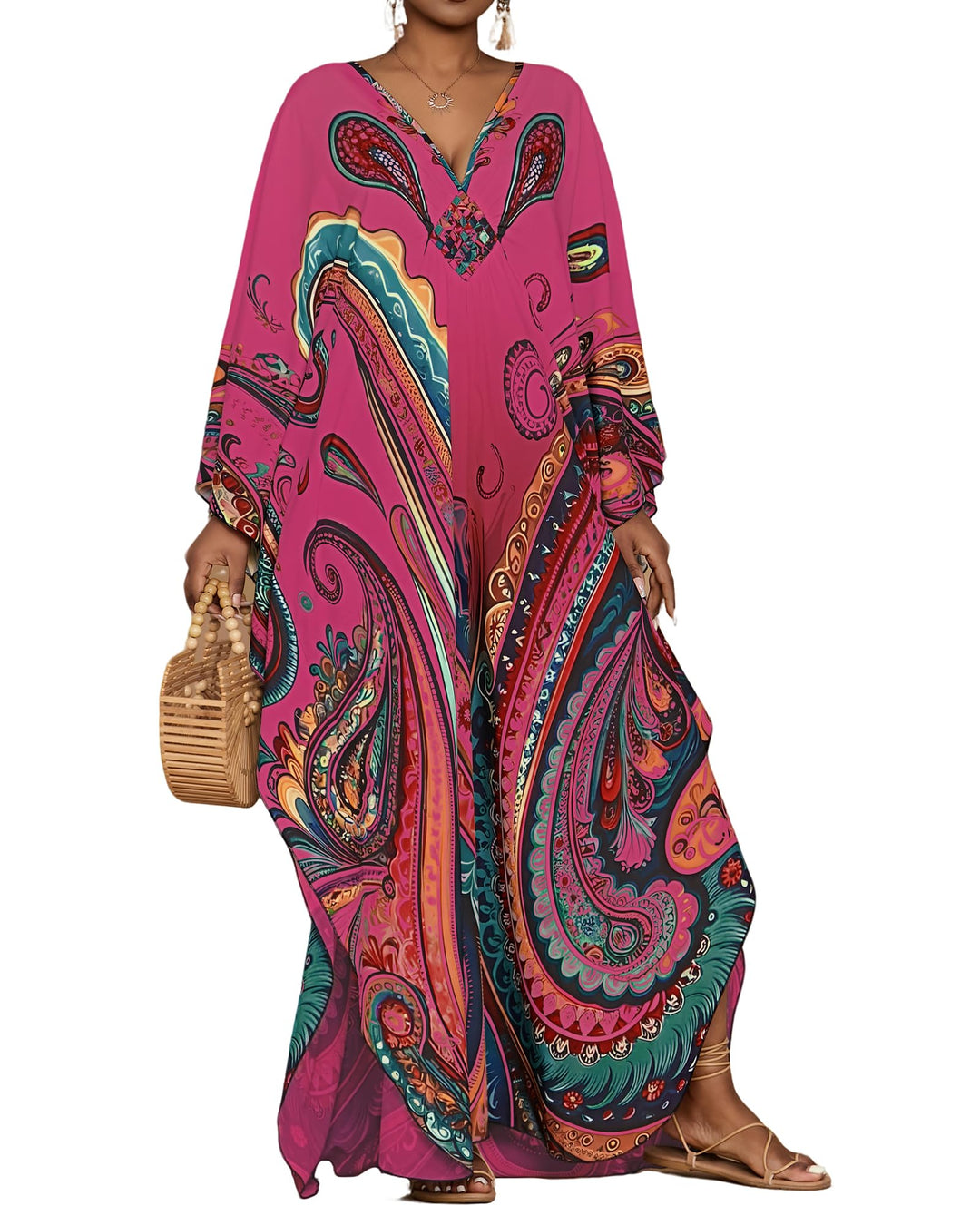 Leila Kaftano Donna Curvy – Stampa Etnica, Scollo a V & Maniche Kimono con Tasche