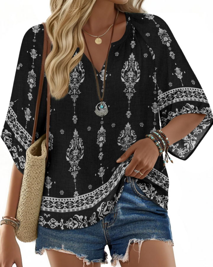 Alira Dámská Blůza Boho – Letní Bavlněná Tunika, Výstřih do V, 3/4 Rukávy, Květinový Vzor