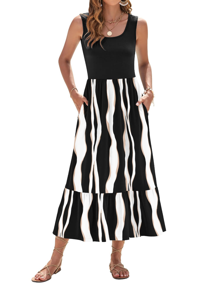 Elisa Robe Maxi Femme – Sans Manches, Col Rond & Taille Empire Florale d'Été