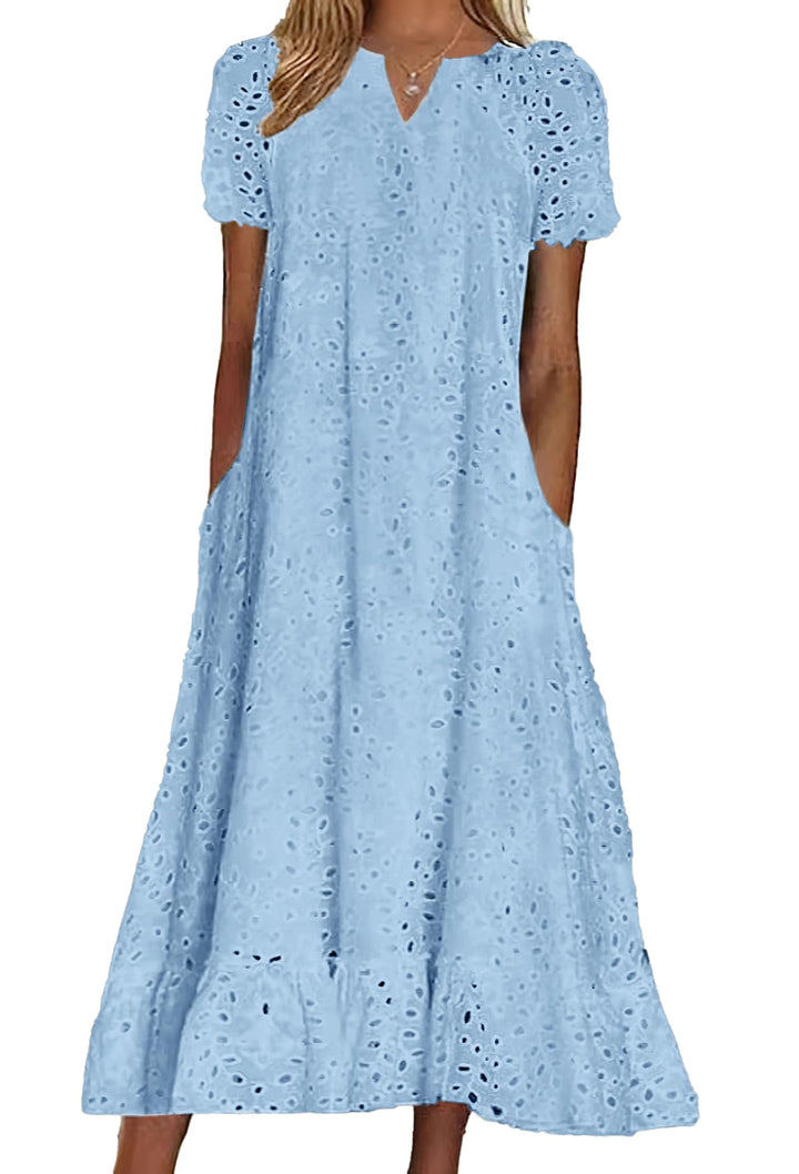 Bianca Vestito Midi Donna – Pizzo Sangallo Floreale, Scollo a V & A-Line con Tasche