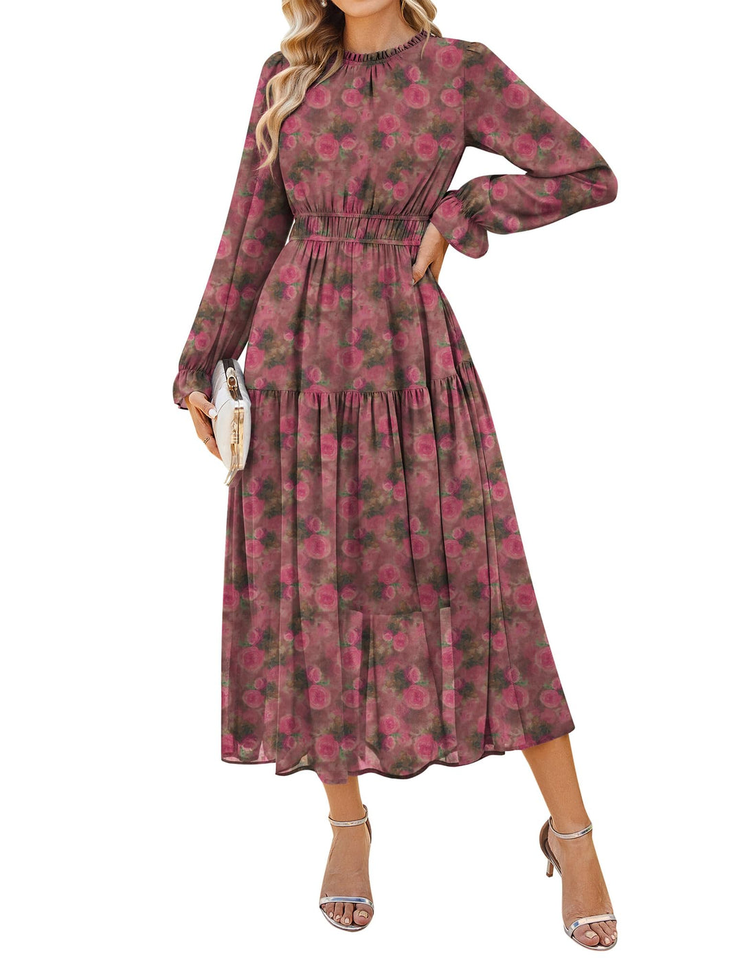 Briseis Damen Maxikleid – Floraler Chiffon, Lange Ärmel & Elegante A-Linie