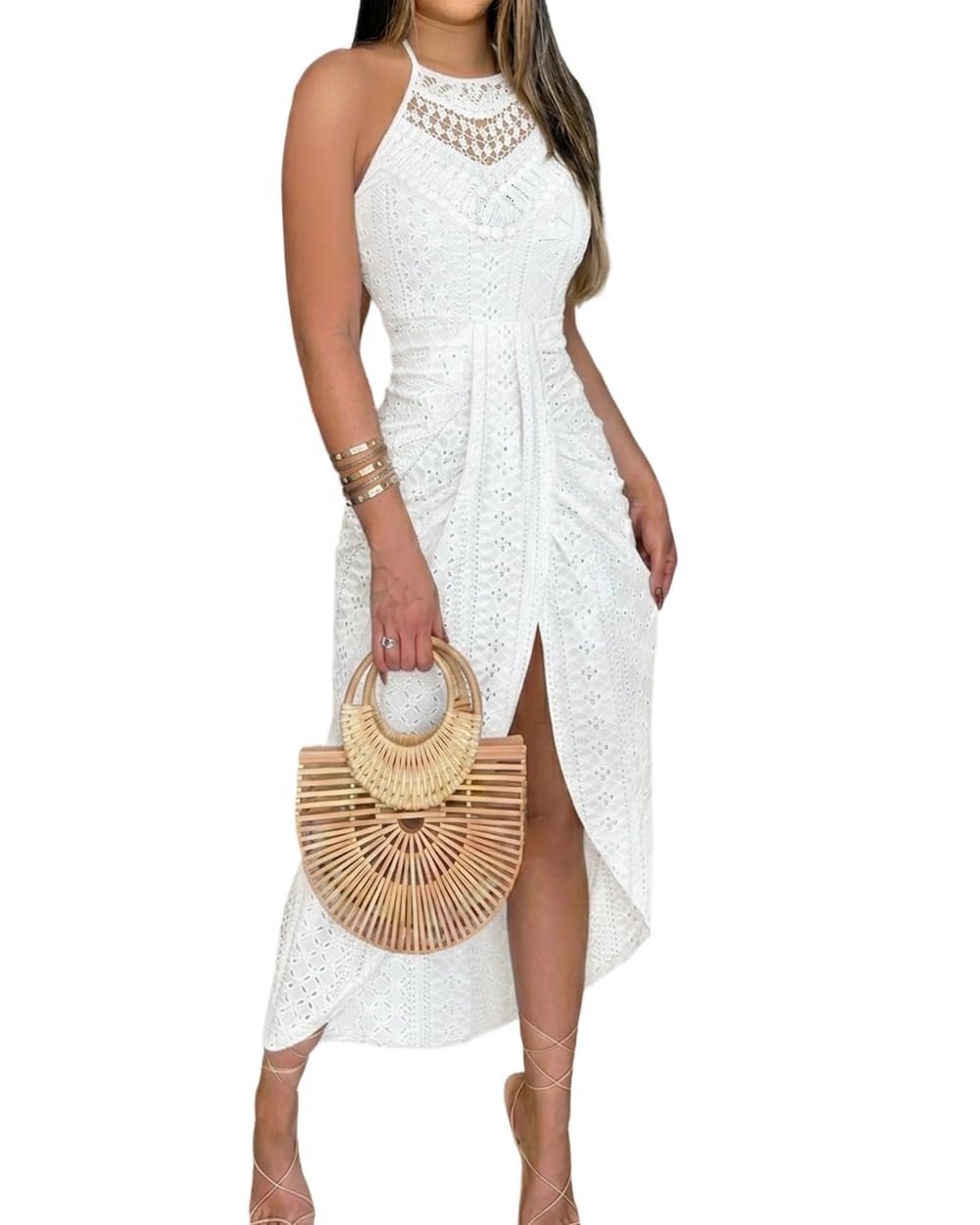 Arla Damen Maxi-Kleid – Neckholder, Sangallo-Stickerei & Eleganter Seitenschlitz für den Sommer
