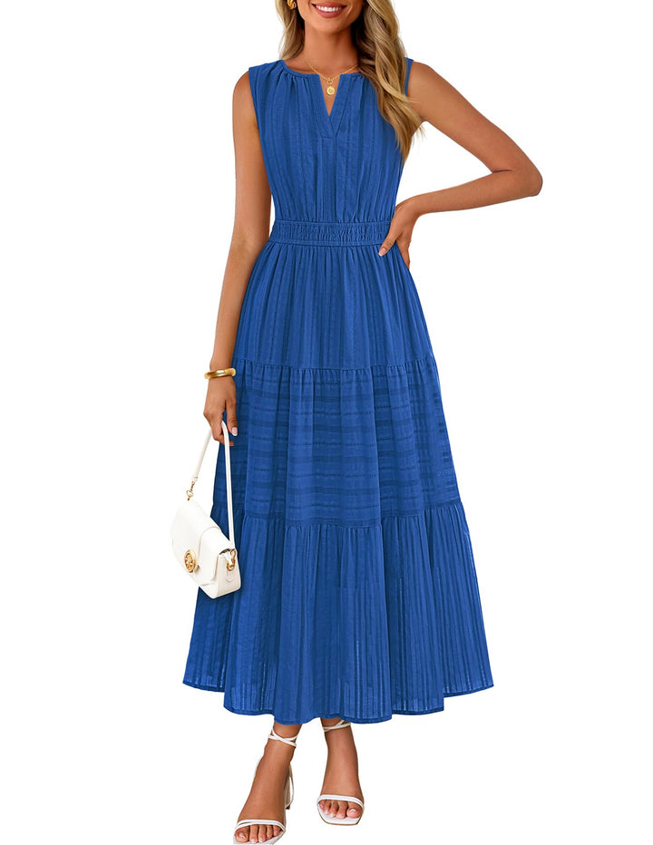 Rochie maxi Camille pentru femei – bumbac jacquard, decolteu în V și croială A-line boho cu buzunare