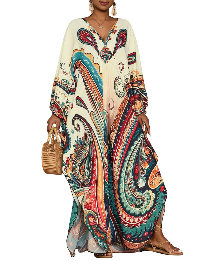 Leila Kaftano Donna Curvy – Stampa Etnica, Scollo a V & Maniche Kimono con Tasche