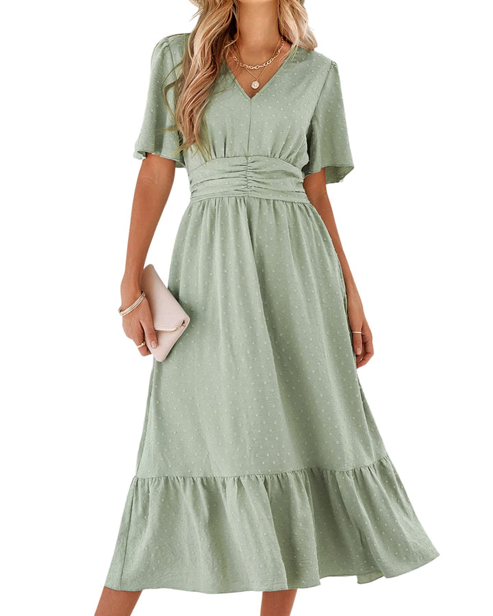 Salem Rochie Maxi Damă Boho – Decolteu în V, Mâneci Scurte și Talie Înaltă cu Volane