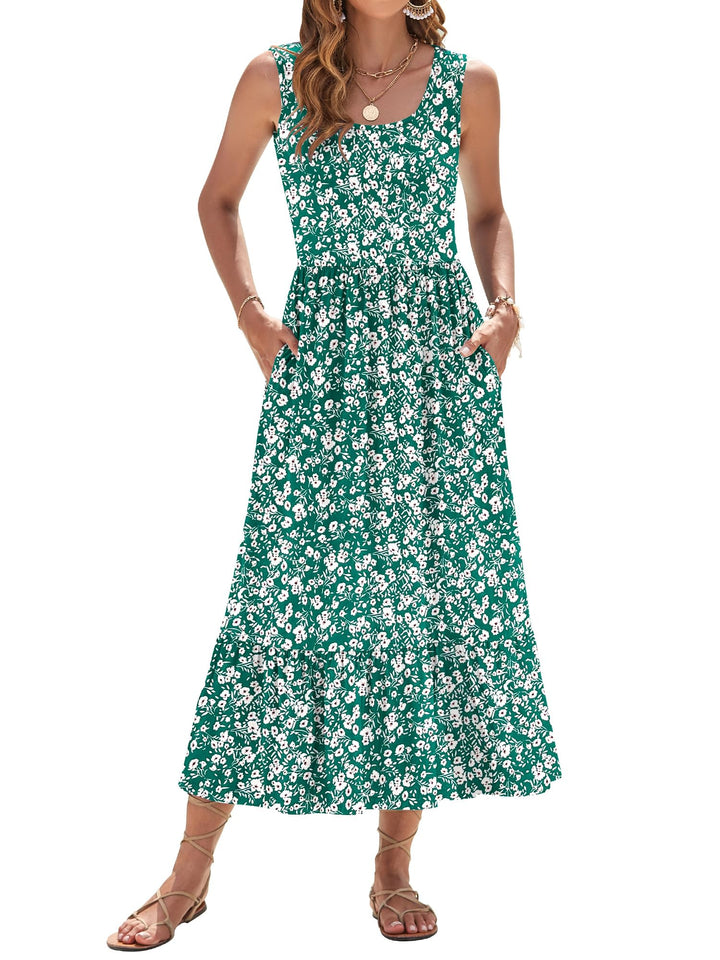 Elisa Robe Maxi Femme – Sans Manches, Col Rond & Taille Empire Florale d'Été