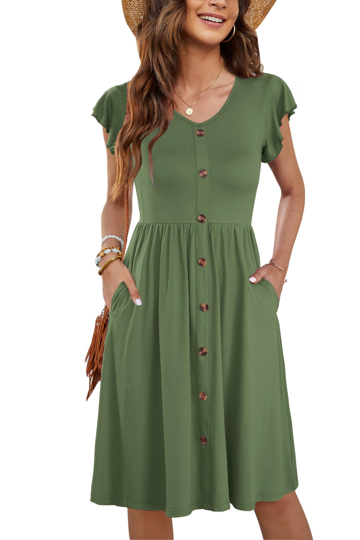 Tarianne Vestito Midi Donna – Scollo a V, Maniche Volant & Vita Elasticizzata con Tasche