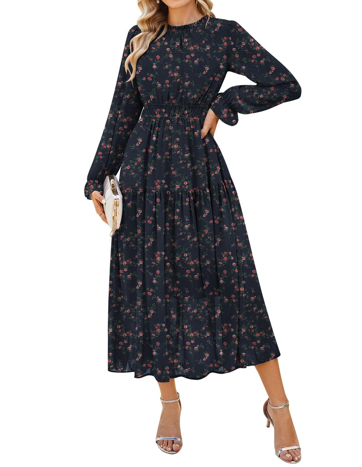 Briseis Damen Maxikleid – Floraler Chiffon, Lange Ärmel & Elegante A-Linie