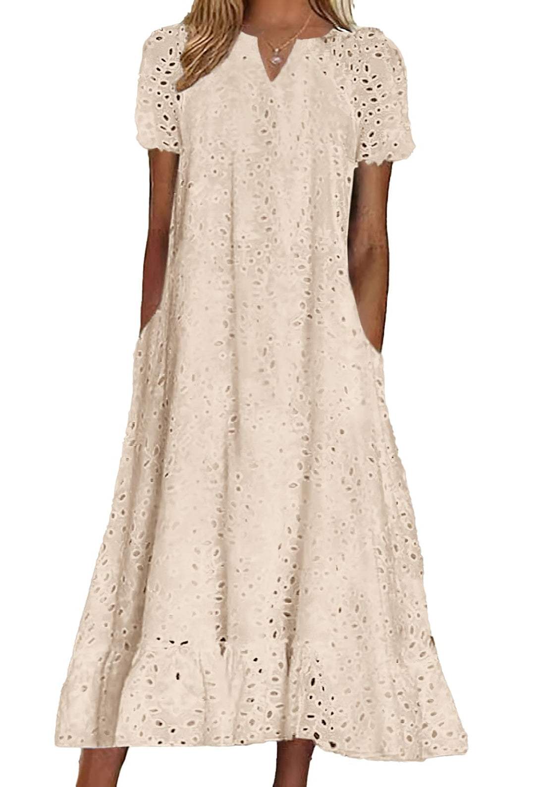 Bianca Vestito Midi Donna – Pizzo Sangallo Floreale, Scollo a V & A-Line con Tasche