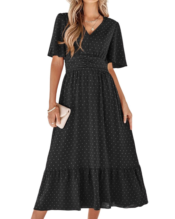 Salem Rochie Maxi Damă Boho – Decolteu în V, Mâneci Scurte și Talie Înaltă cu Volane