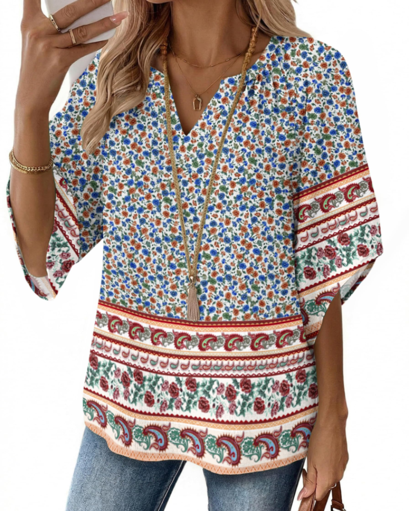 Alira Dámská Blůza Boho – Letní Bavlněná Tunika, Výstřih do V, 3/4 Rukávy, Květinový Vzor