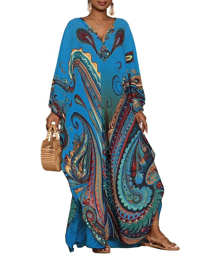 Leila Kaftano Donna Curvy – Stampa Etnica, Scollo a V & Maniche Kimono con Tasche
