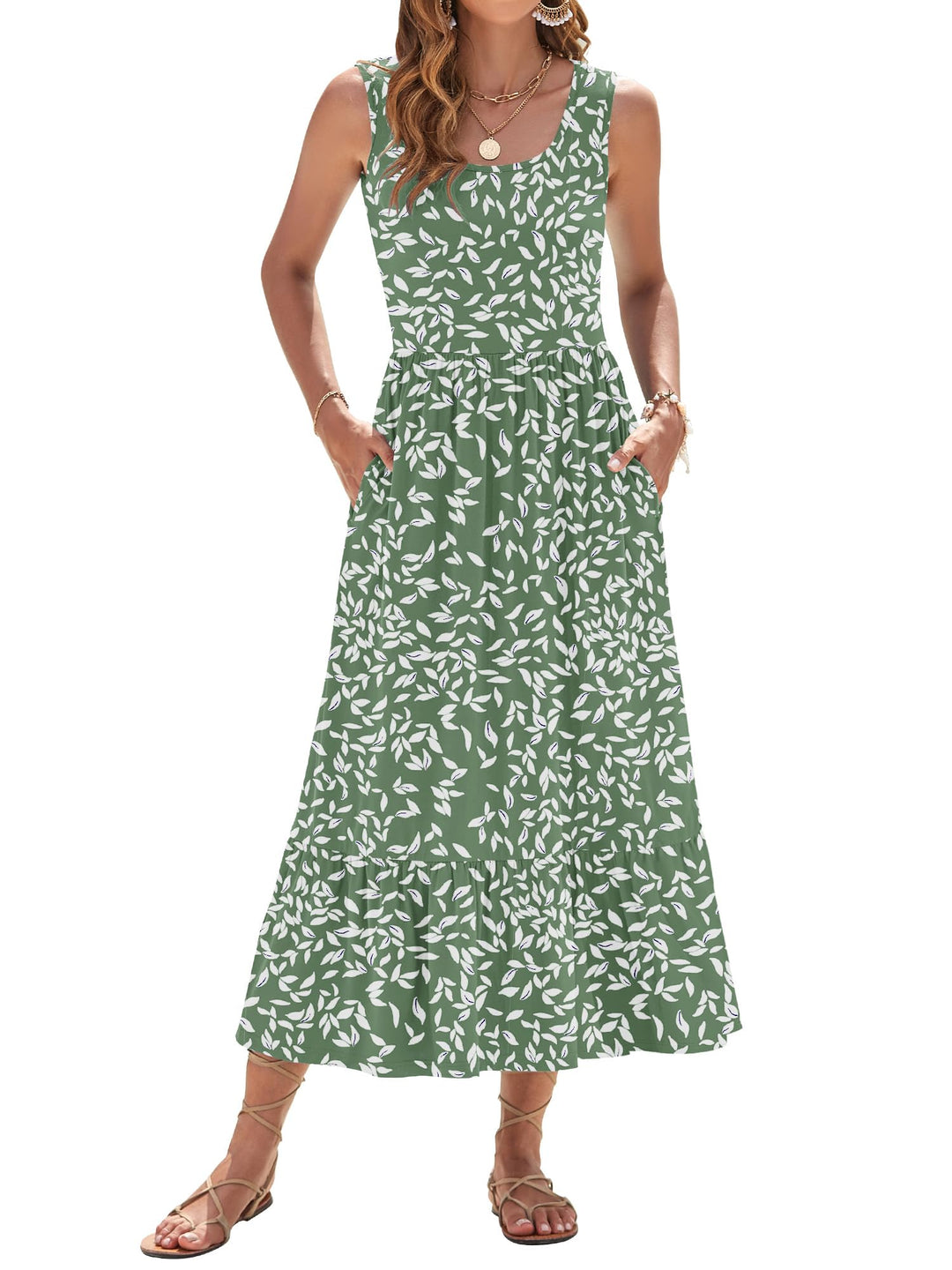Elisa Robe Maxi Femme – Sans Manches, Col Rond & Taille Empire Florale d'Été