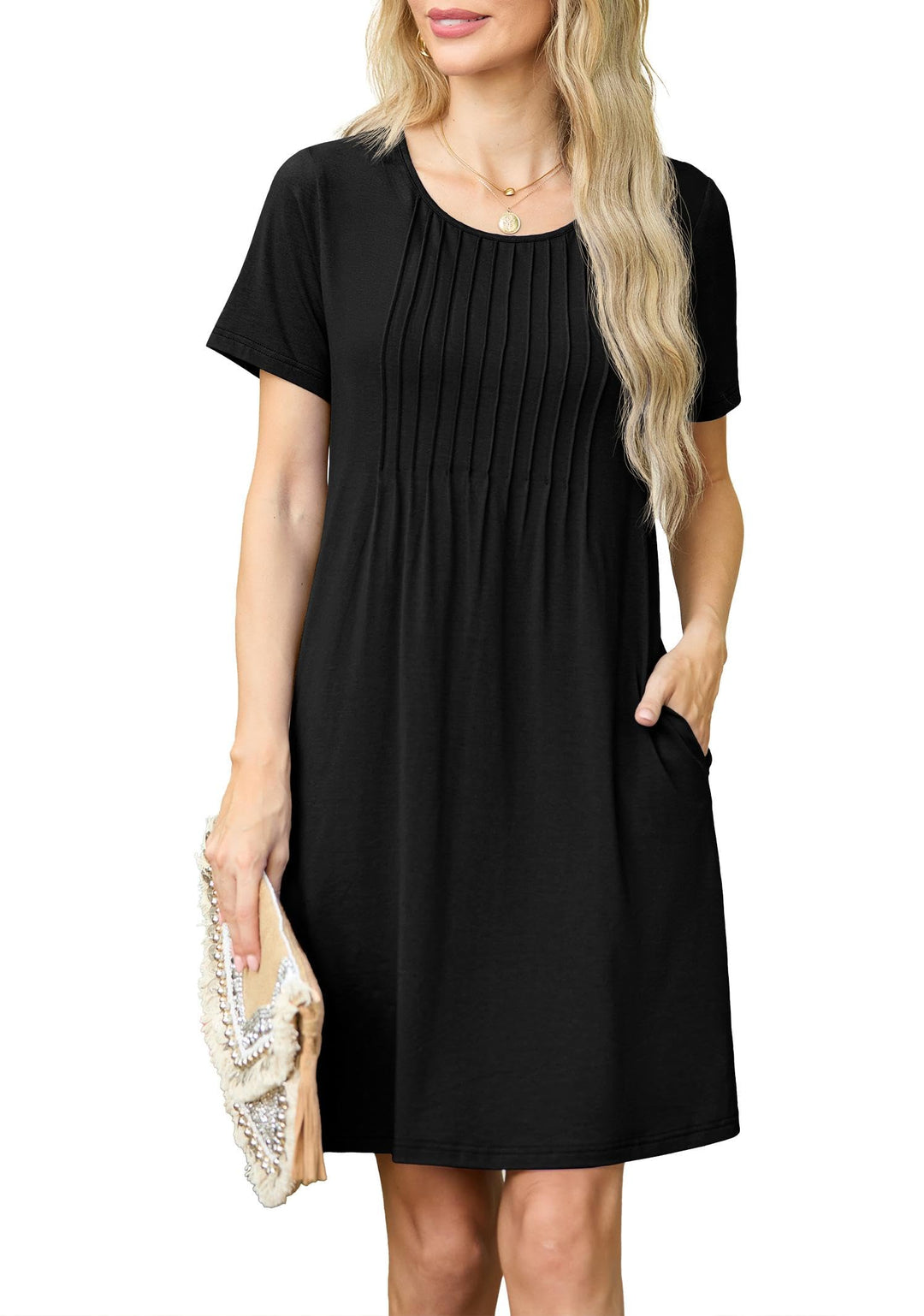 Chiara Sukienka Mini Damska – Okrągły Dekolt, Plisowana i Kieszenie Casual Elegancka Letnia