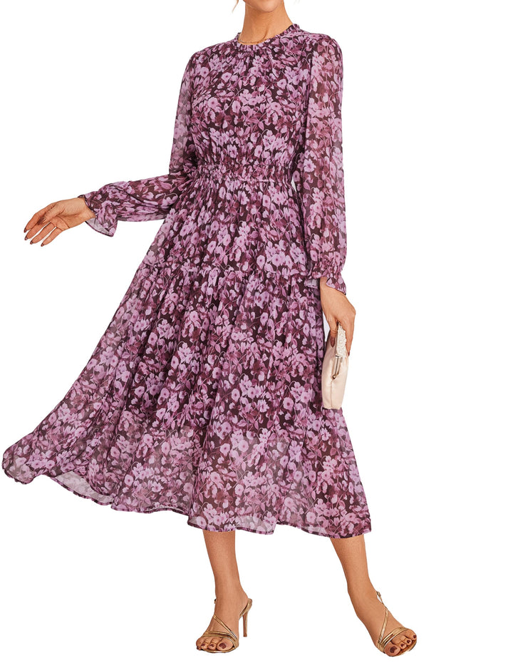 Briseis Damen Maxikleid – Floraler Chiffon, Lange Ärmel & Elegante A-Linie