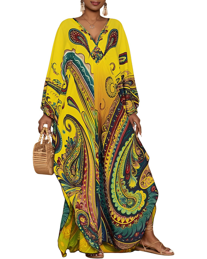 Leila Kaftano Donna Curvy – Stampa Etnica, Scollo a V & Maniche Kimono con Tasche