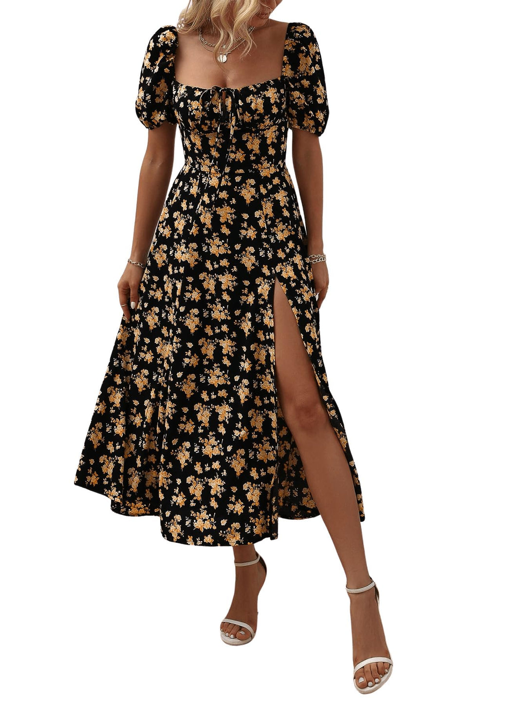 Isabella Vestito Midi Donna – Scollo Quadrato, Maniche Puff & Boho Floreale A-Line
