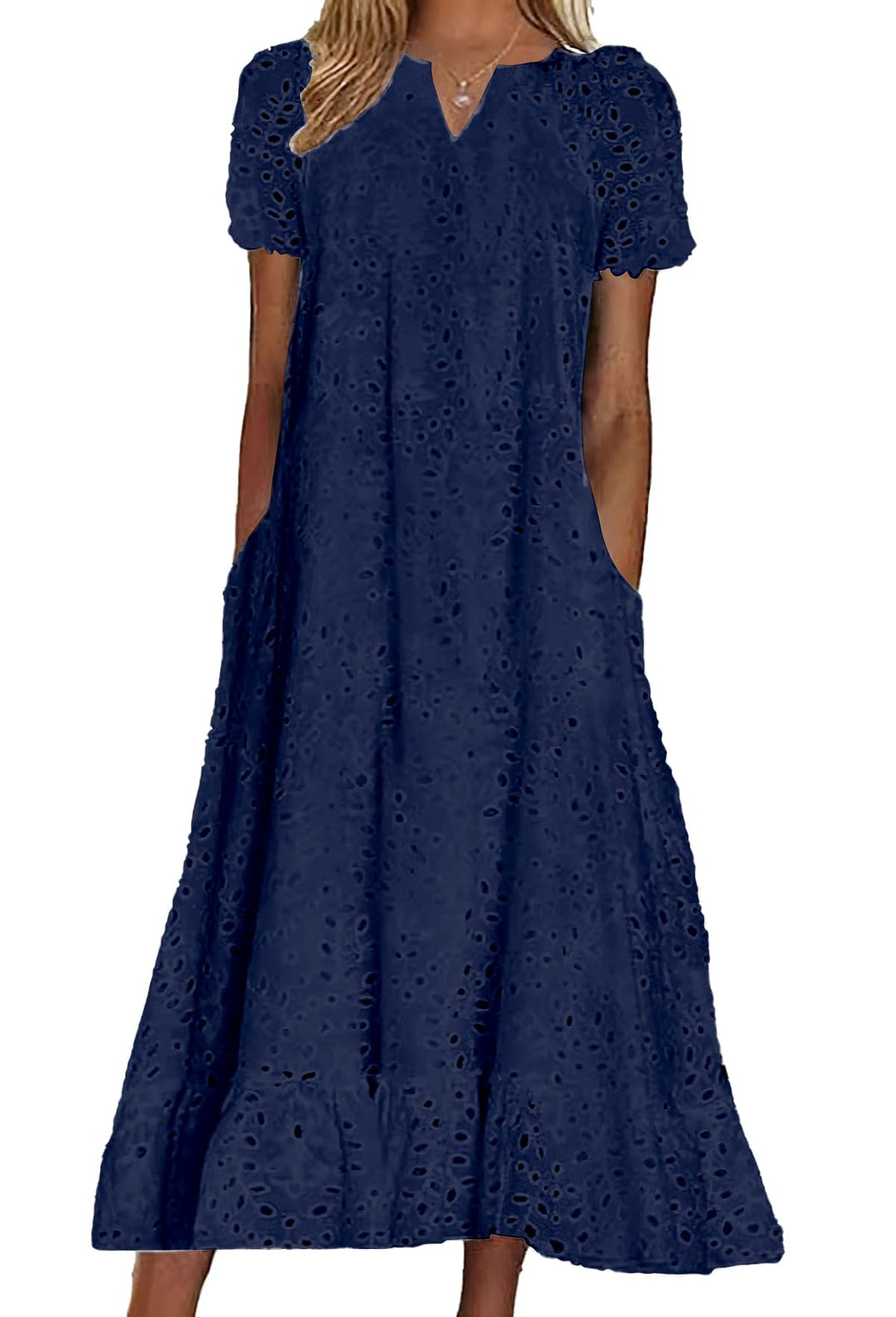 Bianca Vestito Midi Donna – Pizzo Sangallo Floreale, Scollo a V & A-Line con Tasche