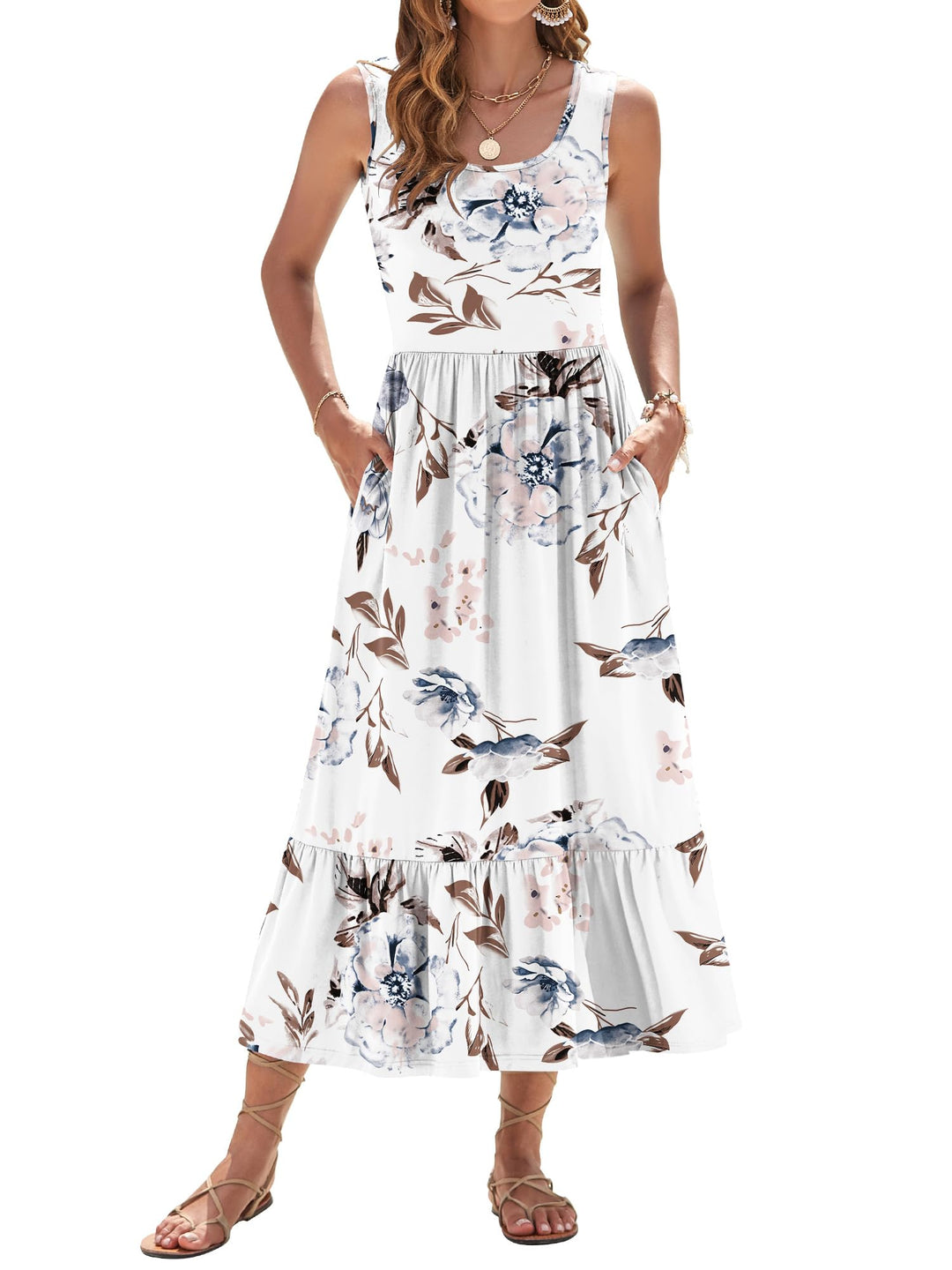 Elisa Robe Maxi Femme – Sans Manches, Col Rond & Taille Empire Florale d'Été