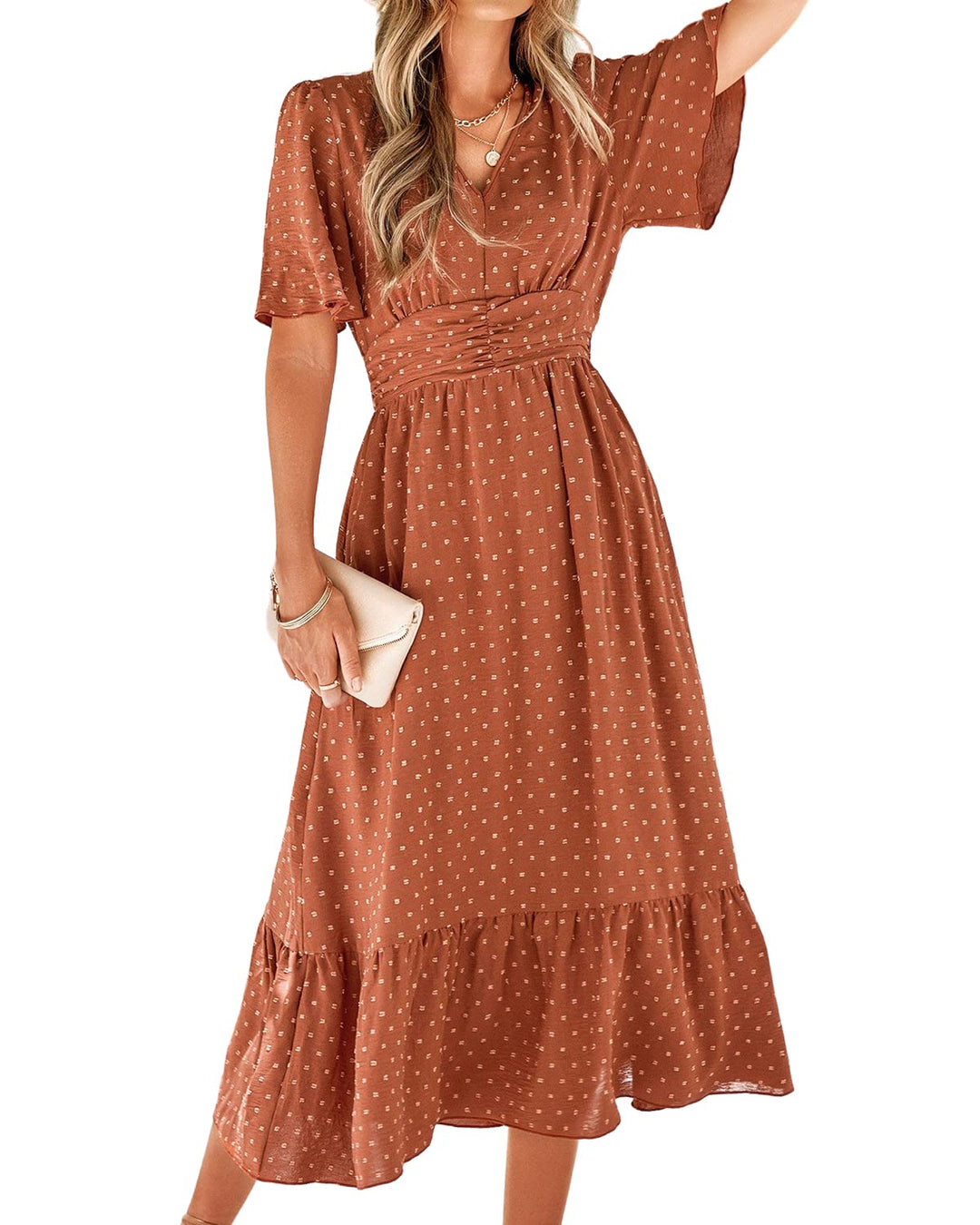 Salem Rochie Maxi Damă Boho – Decolteu în V, Mâneci Scurte și Talie Înaltă cu Volane