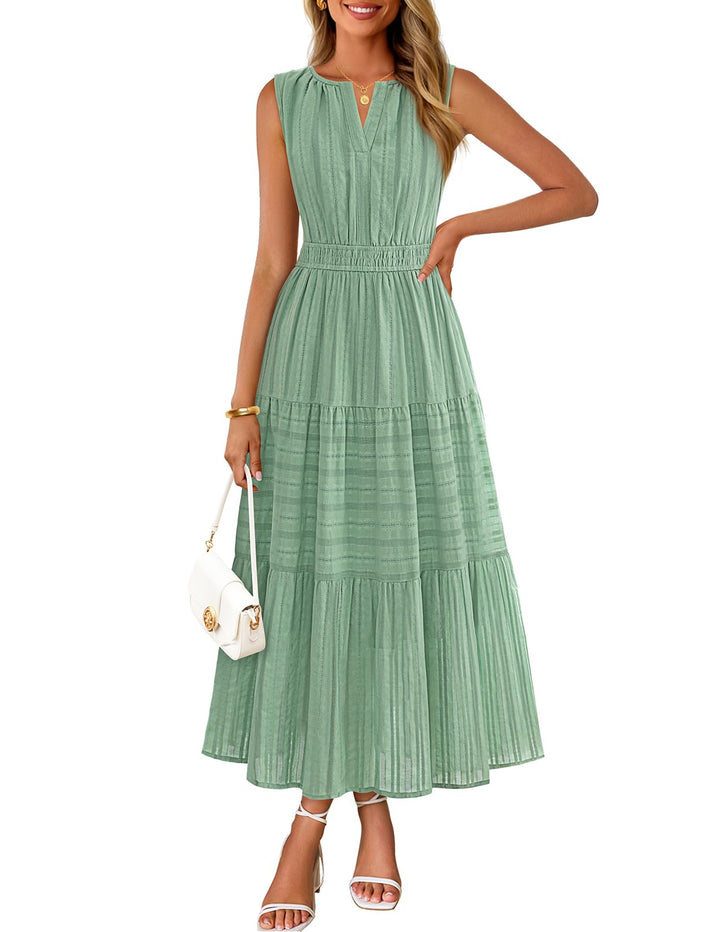 Rochie maxi Camille pentru femei – bumbac jacquard, decolteu în V și croială A-line boho cu buzunare