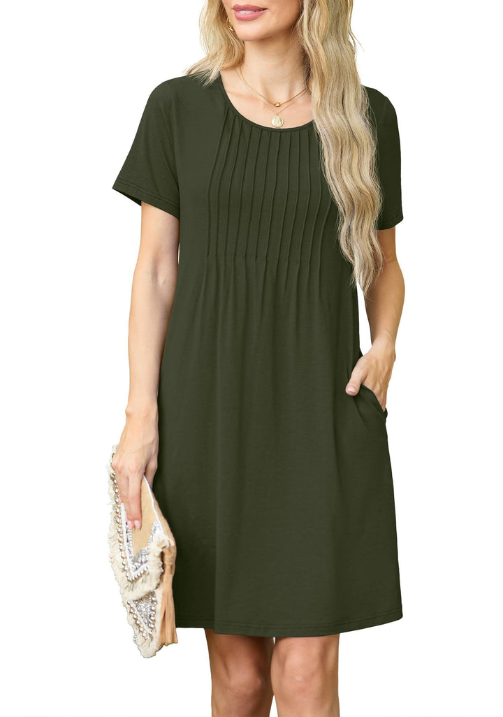 Chiara Sukienka Mini Damska – Okrągły Dekolt, Plisowana i Kieszenie Casual Elegancka Letnia