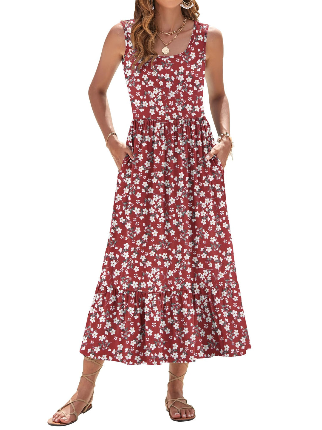 Elisa Robe Maxi Femme – Sans Manches, Col Rond & Taille Empire Florale d'Été