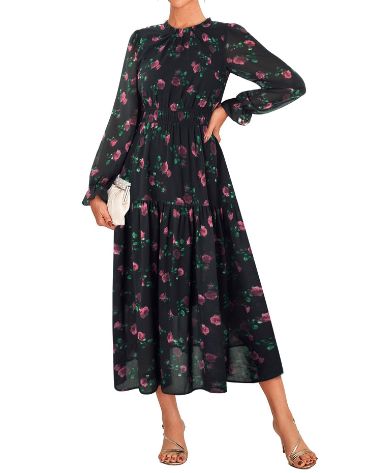 Briseis Damen Maxikleid – Floraler Chiffon, Lange Ärmel & Elegante A-Linie
