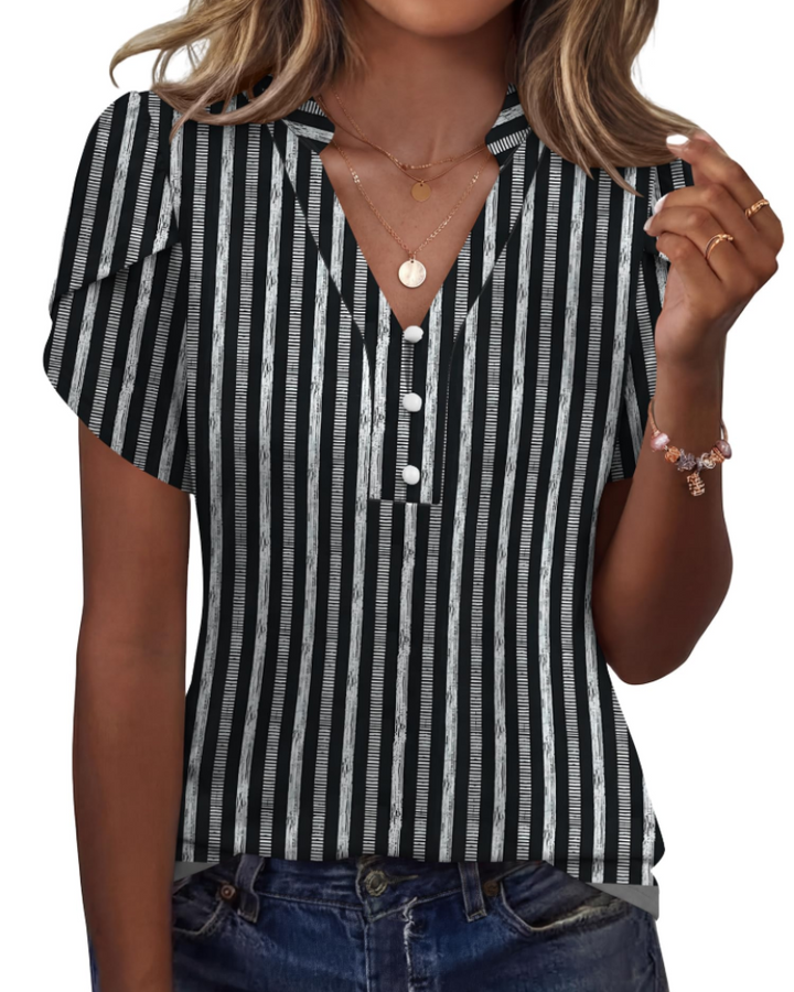 Martina Bluzka Damska – Dekolt w Serek z Guzikami, Rękawy Płatkowe i Elegancka Tunika Casual