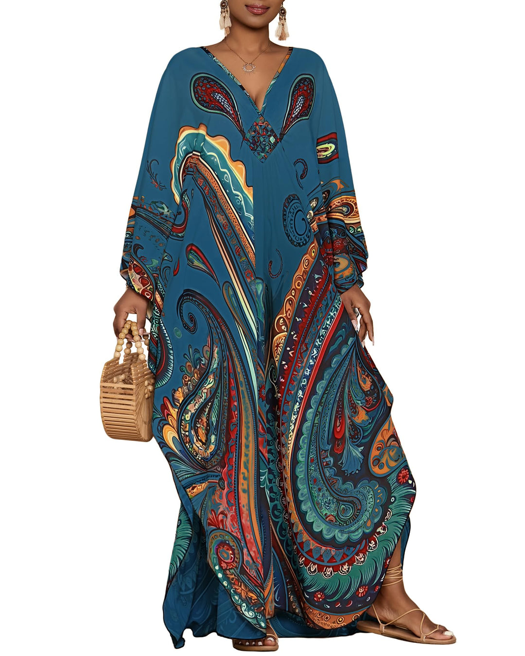 Leila Kaftano Donna Curvy – Stampa Etnica, Scollo a V & Maniche Kimono con Tasche