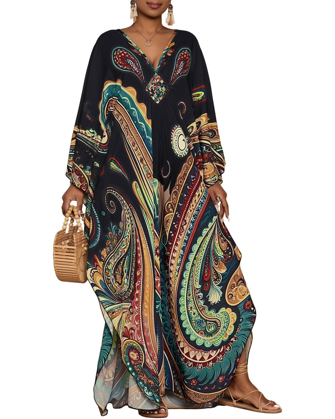 Leila Kaftano Donna Curvy – Stampa Etnica, Scollo a V & Maniche Kimono con Tasche