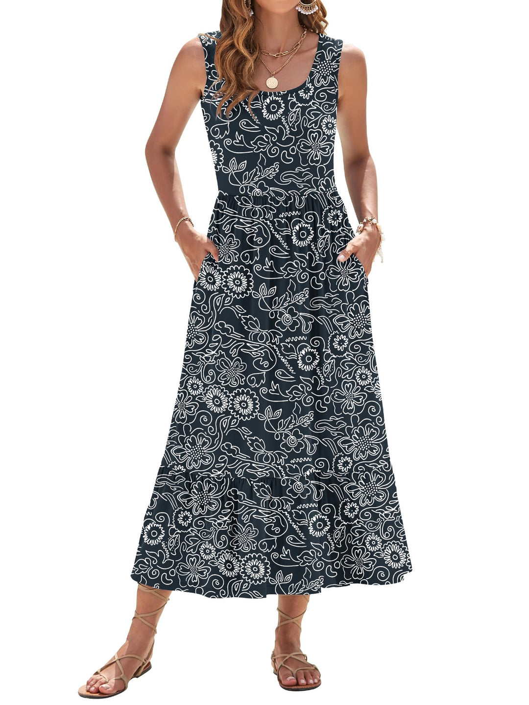 Elisa Robe Maxi Femme – Sans Manches, Col Rond & Taille Empire Florale d'Été