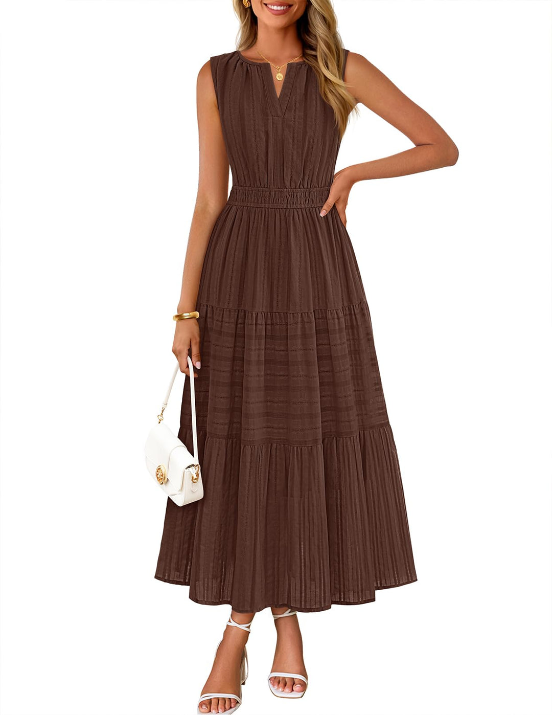 Rochie maxi Camille pentru femei – bumbac jacquard, decolteu în V și croială A-line boho cu buzunare