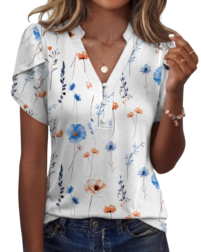 Martina Bluzka Damska – Dekolt w Serek z Guzikami, Rękawy Płatkowe i Elegancka Tunika Casual