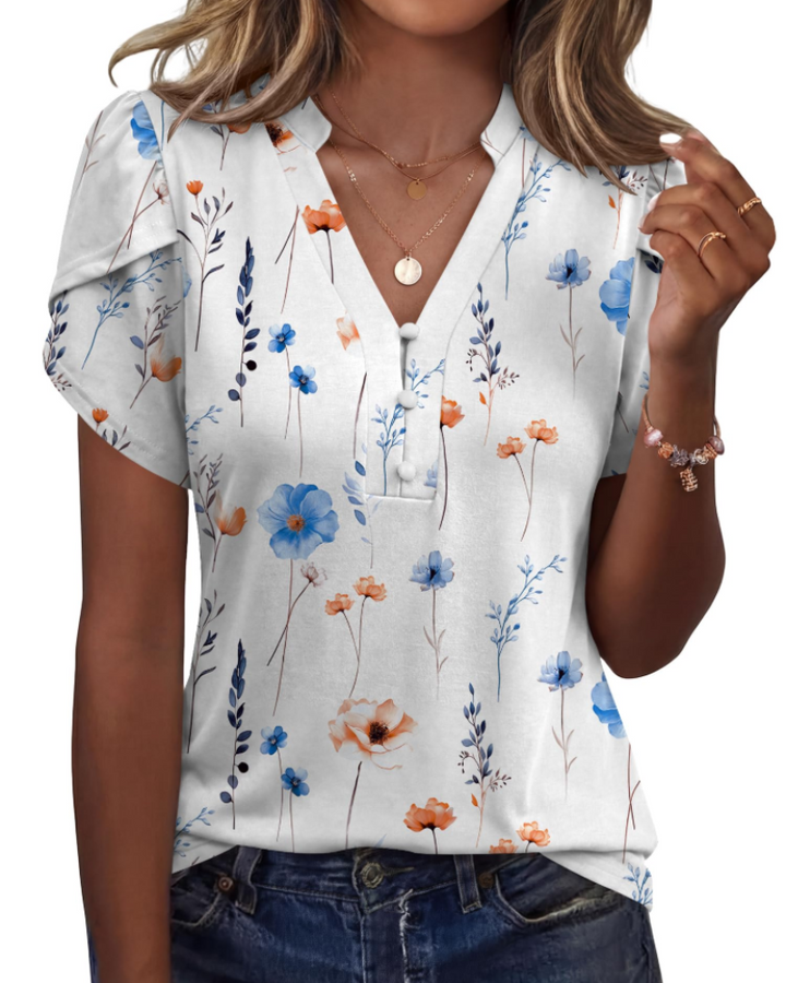 Martina Bluzka Damska – Dekolt w Serek z Guzikami, Rękawy Płatkowe i Elegancka Tunika Casual